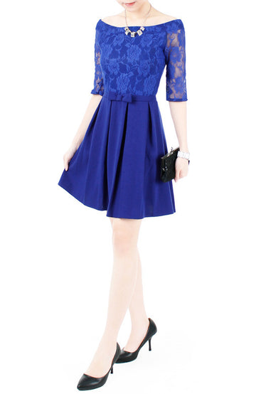 Aperitif Dreams Off Shoulder Lace Flare Dress - Cobalt Blue